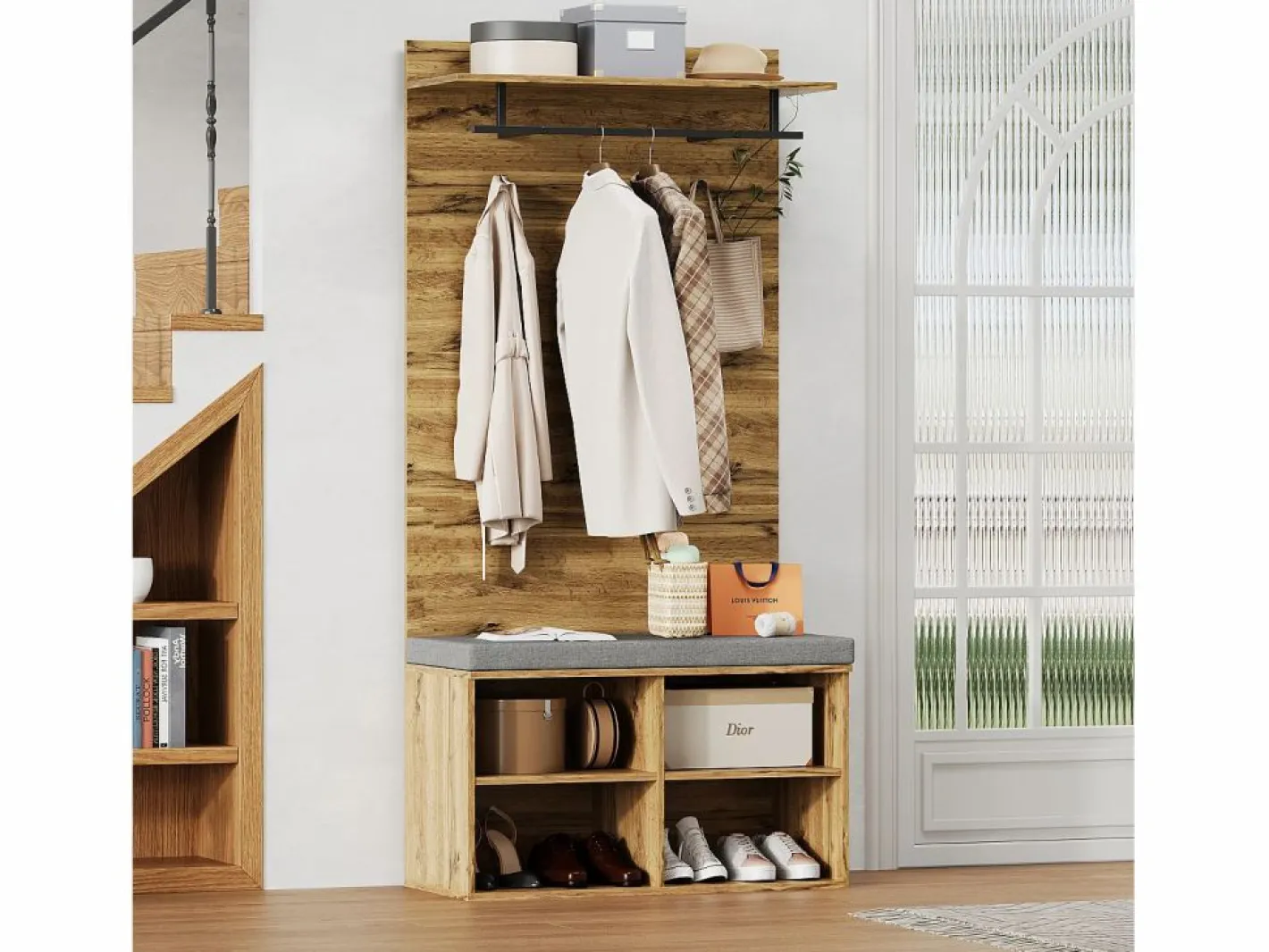 Perchero con banco zapatero, balda regulable y gancho, diseño compacto en tablero de partículas, color roble (84x32x175cm)^ New