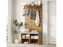 Perchero con banco zapatero, balda regulable y gancho, diseño compacto en tablero de partículas, color roble (84x32x175cm)^ New