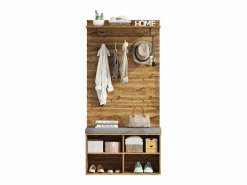 Perchero con banco zapatero, balda regulable y gancho, diseño compacto en tablero de partículas, color roble (84x32x175cm)^ New