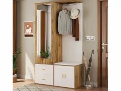 OKWISH Perchero|Perchero con espejo, banco zapatero y barra retráctil para ropa - y natural