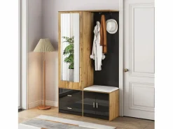 OKWISH Perchero|Perchero con espejo, banco zapatero y barra retráctil para ropa - y natural
