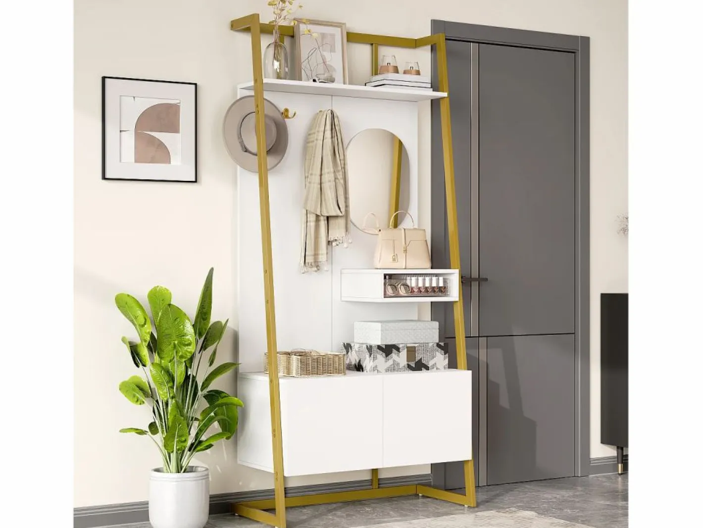 Perchero con zapatero de dos puertas, ganchos metálicos y espejo - y dorado^OKWISH Best