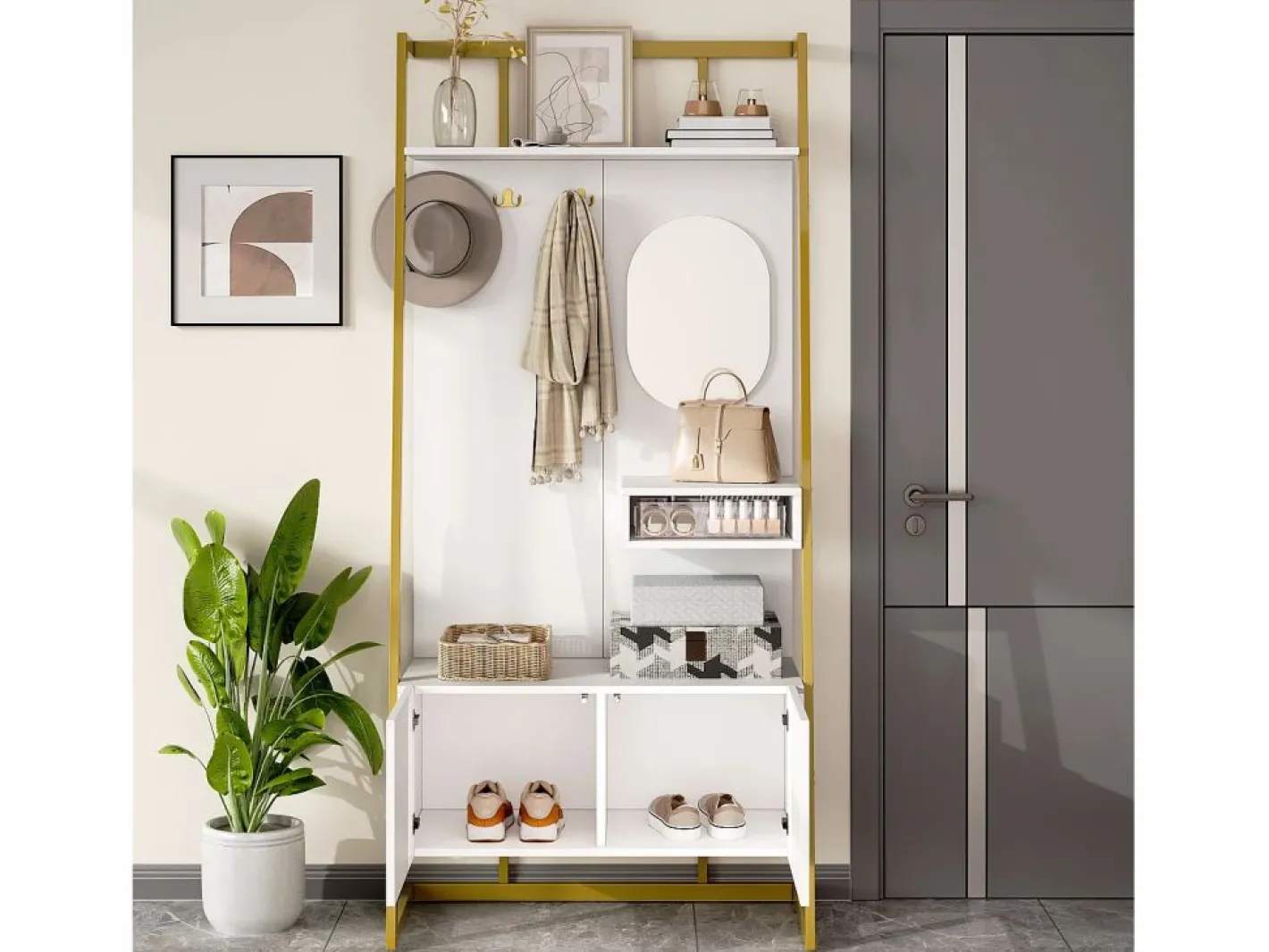 Perchero con zapatero de dos puertas, ganchos metálicos y espejo - y dorado^OKWISH Best