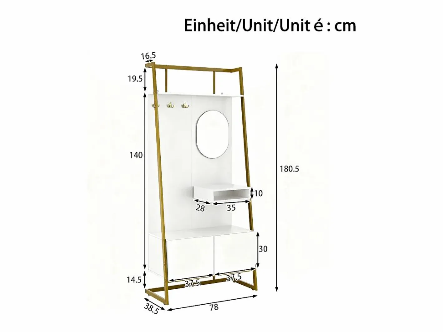 Perchero con zapatero de dos puertas, ganchos metálicos y espejo - y dorado^OKWISH Best
