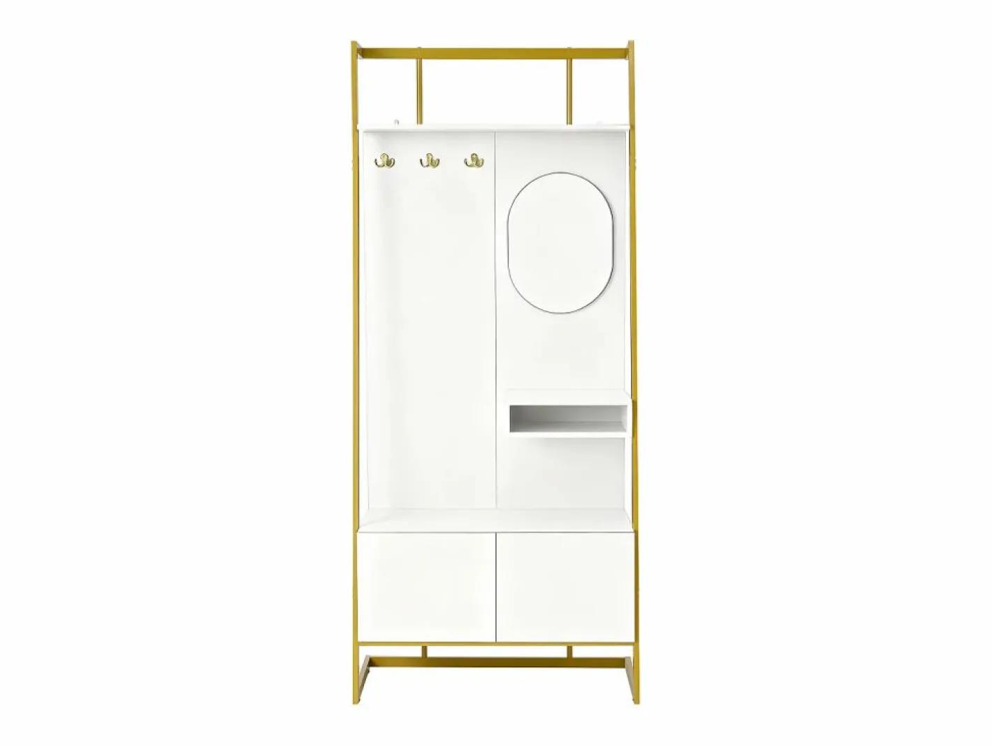 Perchero con zapatero de dos puertas, ganchos metálicos y espejo - y dorado^OKWISH Best