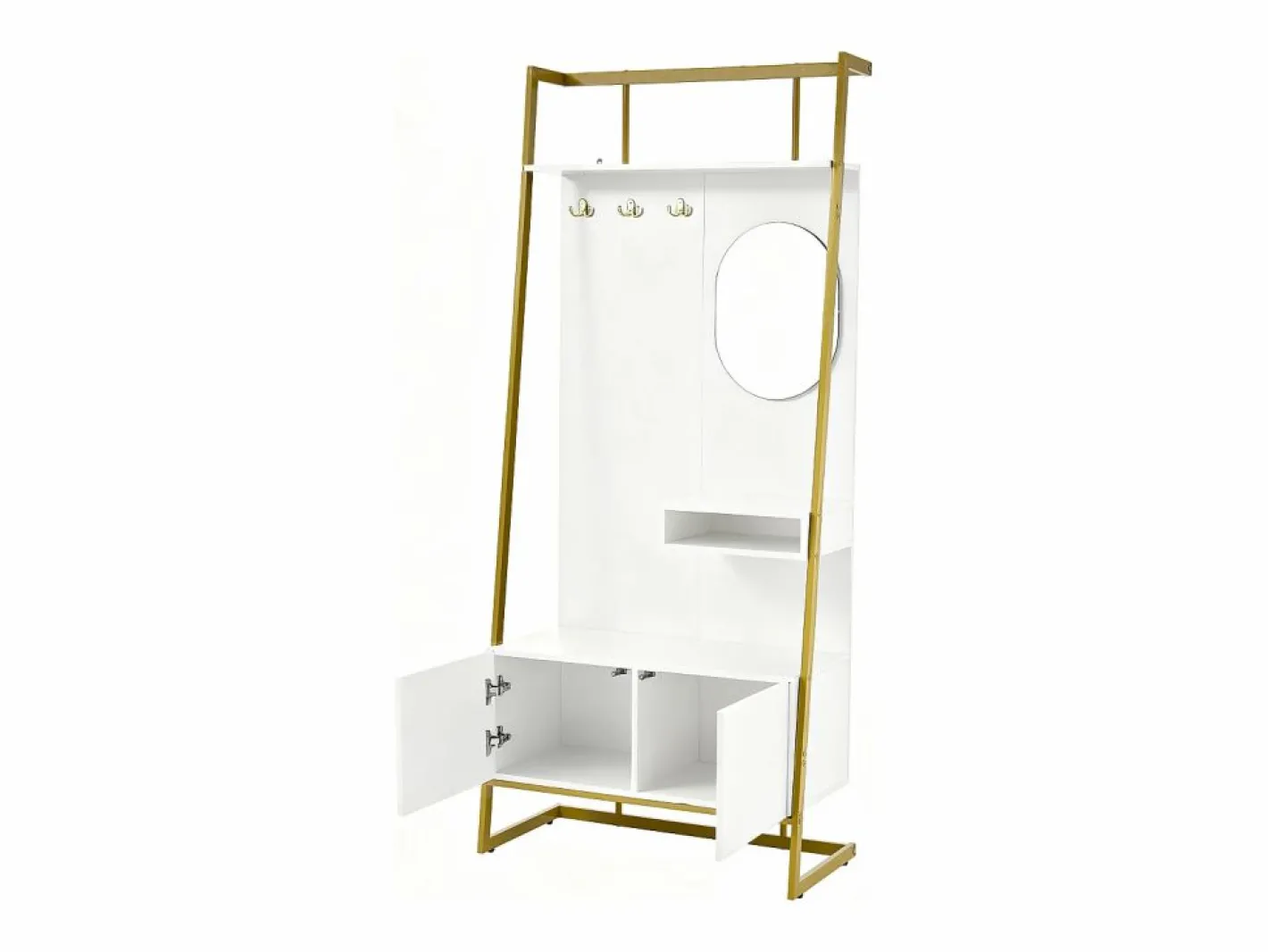 Perchero con zapatero de dos puertas, ganchos metálicos y espejo - y dorado^OKWISH Best
