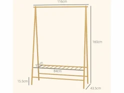 Burro Para Ropa|Perchero de bambú con estantes y ganchos, madera natural, estable y práctico (116 x 43,5 x 160 cm)