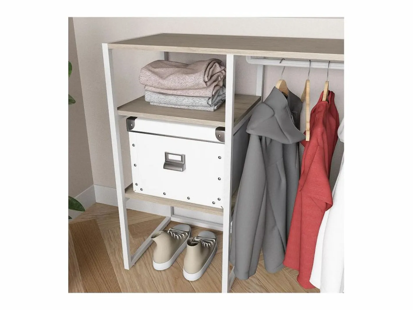 Perchero de buhardilla KADRA 100x85cm con armario y estantes Blanco