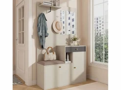 OKWISH Perchero|Perchero de entrada con banco para zapatos y espejo, espacio de almacenamiento - Beige Gris