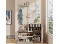 OKWISH Perchero|Perchero de entrada con banco para zapatos y espejo, espacio de almacenamiento - Beige Gris