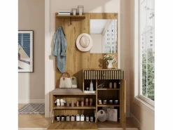 OKWISH Perchero|Perchero de entrada con banco para zapatos y espejo, espacio de almacenamiento - Natural