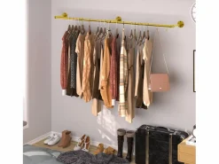 Fativo Perchero de pared industrial para colgar ropa, perchero sólido, barra de diseño extraíble, 180 x 27,5 x 2,5 cm Dorado