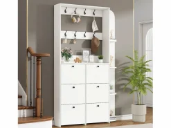 Merax Perchero de pasillo 3 en 1 - 120 x 24 x 200 cm - con 8 ganchos + 6 zapateros - aglomerado - Blanco Outlet