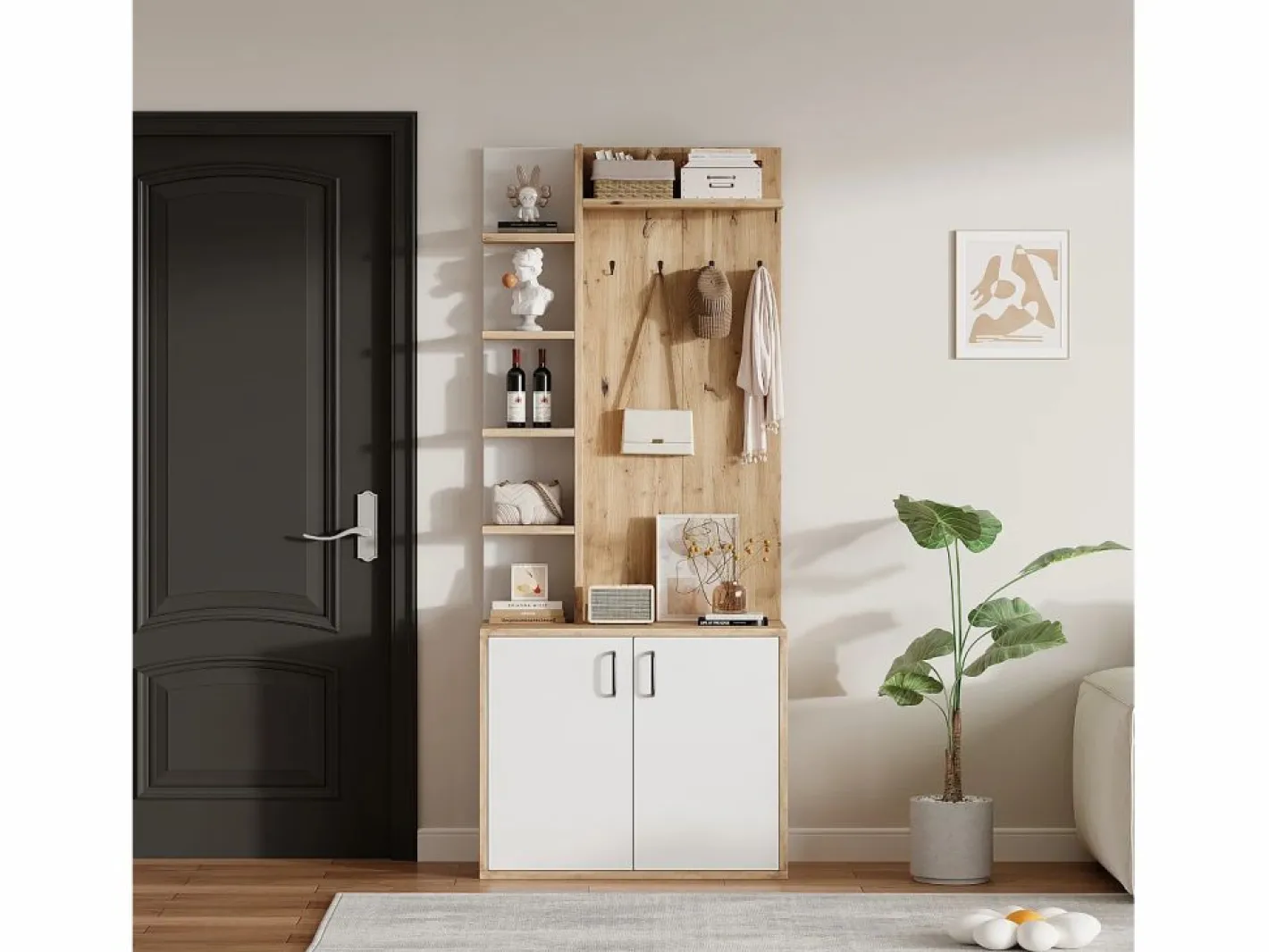 Perchero|Perchero de pasillo con almacenaje y estantes integrados, madera natural y blanco (75x33x180cm)