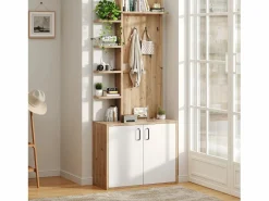 Perchero|Perchero de pasillo con almacenaje y estantes integrados, madera natural y blanco (75x33x180cm)
