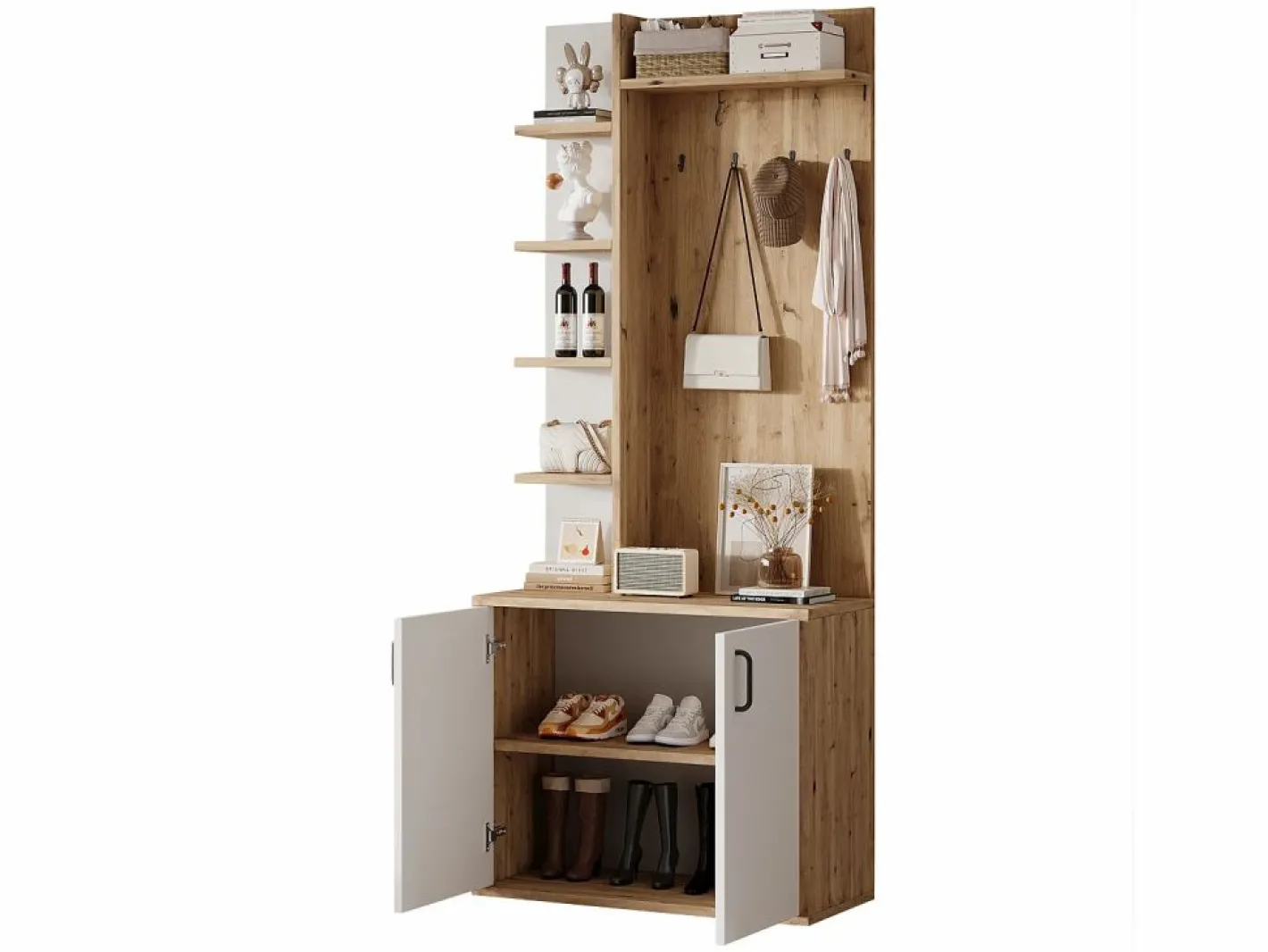 Perchero|Perchero de pasillo con almacenaje y estantes integrados, madera natural y blanco (75x33x180cm)