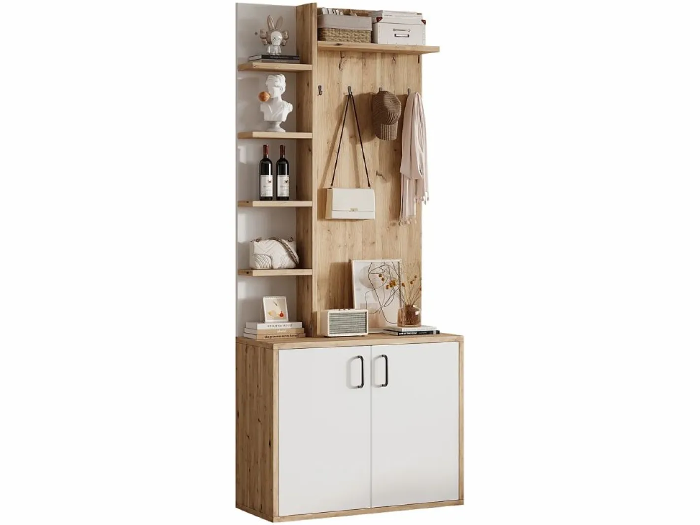 Perchero|Perchero de pasillo con almacenaje y estantes integrados, madera natural y blanco (75x33x180cm)