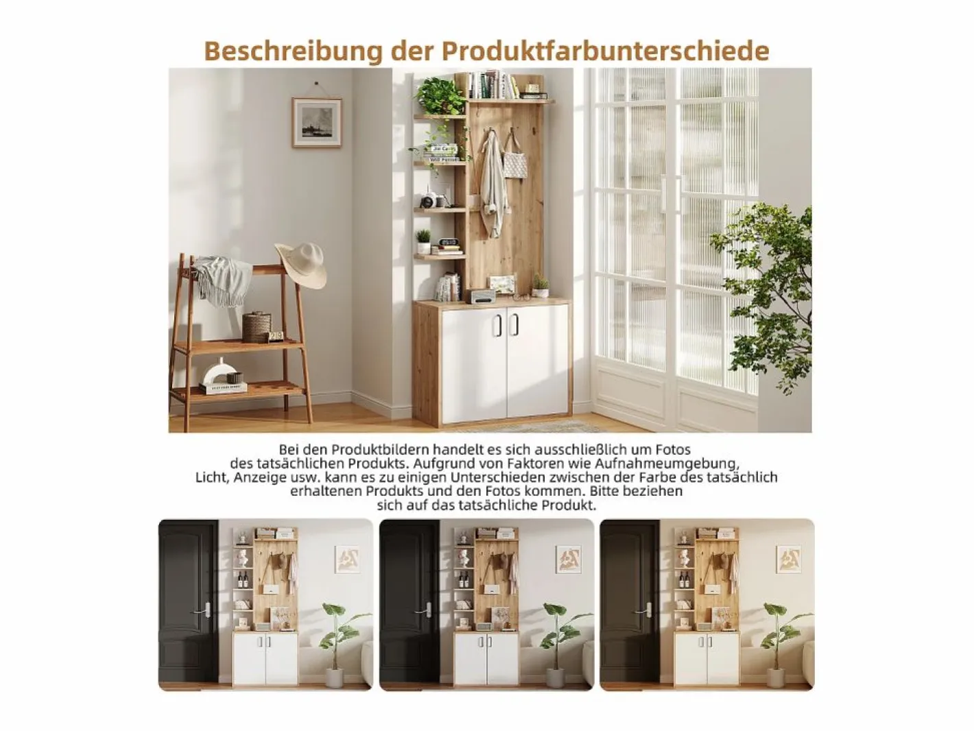 Perchero|Perchero de pasillo con almacenaje y estantes integrados, madera natural y blanco (75x33x180cm)