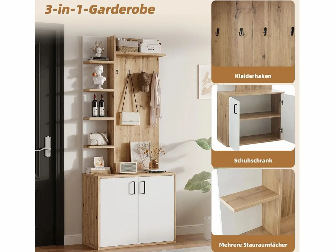 Perchero|Perchero de pasillo con almacenaje y estantes integrados, madera natural y blanco (75x33x180cm)