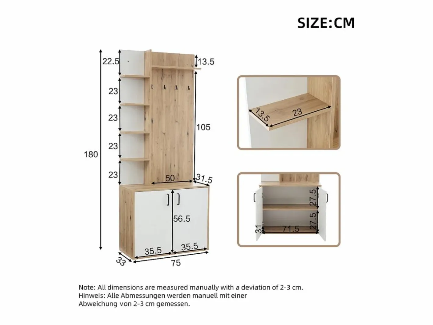 Perchero|Perchero de pasillo con almacenaje y estantes integrados, madera natural y blanco (75x33x180cm)