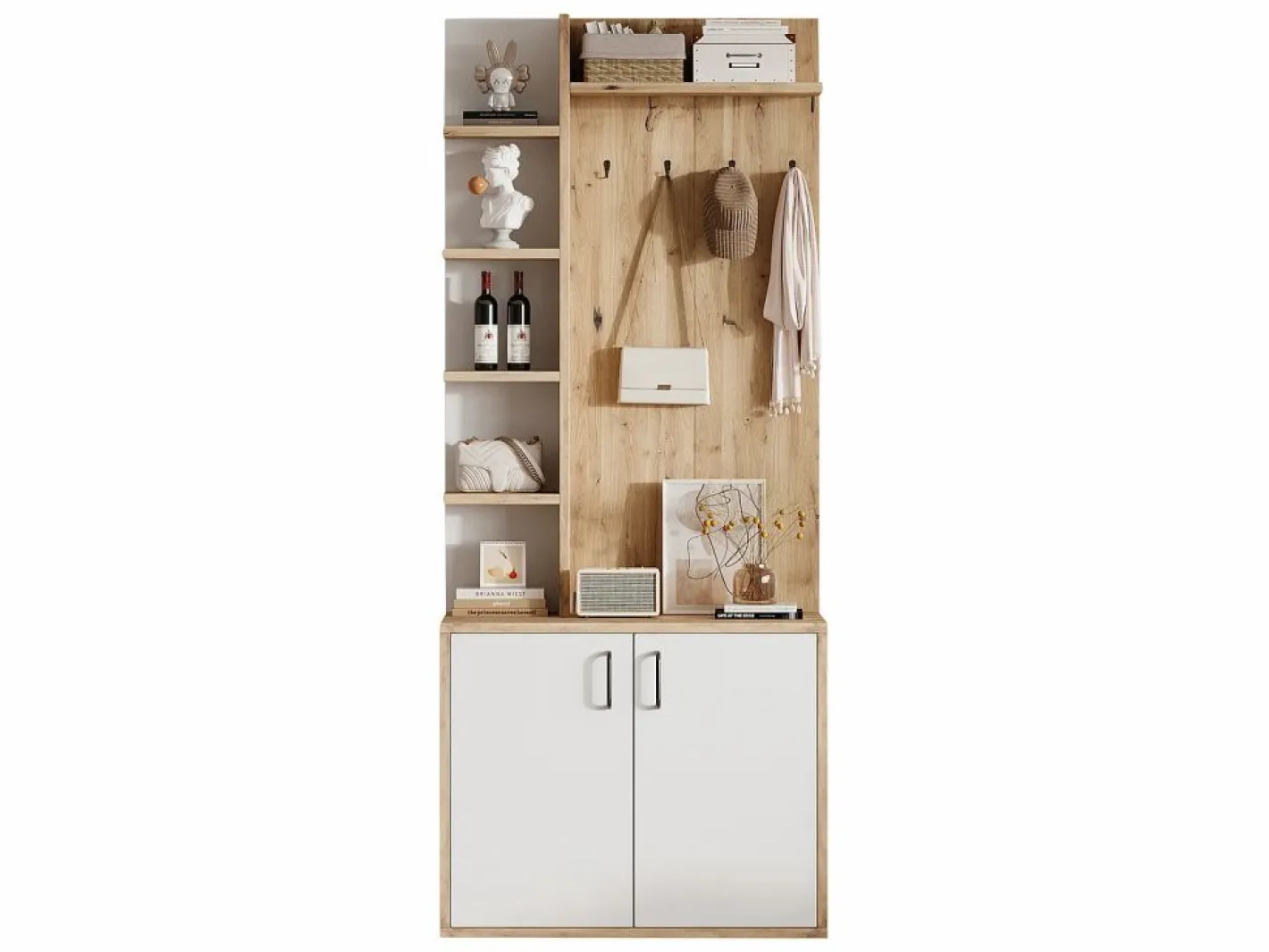 Perchero|Perchero de pasillo con almacenaje y estantes integrados, madera natural y blanco (75x33x180cm)