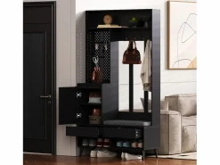 OKWISH Perchero de pasillo con banco tapizado, 4 ganchos, 2 cajones - - 100x35x180 cm Negro New