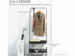 Perchero móvil con barra y estantes, acero , ruedas bloqueables (56,5x31,5x152,5cm) Negro Outlet