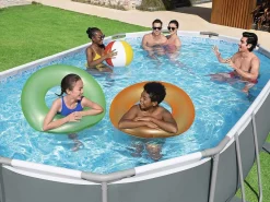 Bestway Piscina Desmontable Tubular Power Steel Oval 488x305x107 cm con Depuradora Cartucho 3.028 L/H con Cobertor y Escalera Gris