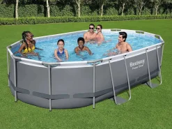 Bestway Piscina Desmontable Tubular Power Steel Oval 488x305x107 cm con Depuradora Cartucho 3.028 L/H con Cobertor y Escalera Gris