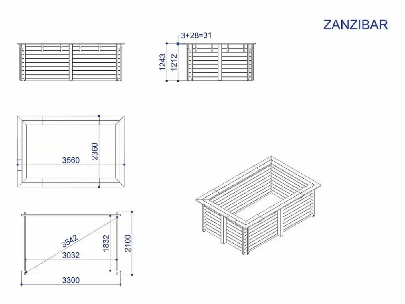 Habitat et jardin Piscina De Madera|Piscina rectangular de madera "Zanzíbar" - 3,50 x 2,50 x 1,24 m