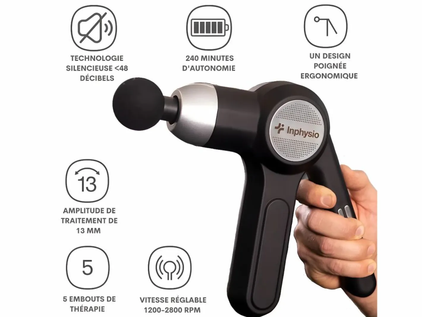 Inphysio Pistola de Masaje Muscular Vibratorio de Terapia Percusiva MACMASSAGE 59 Negro Hot