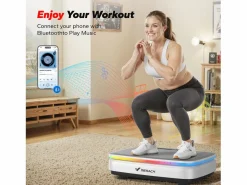 MERACH Plataforma Vibratória , 99 Níveis, Bluetooth, Luzes e Ecrã de LED, Altifalante Integrado, Controlo Remoto, Modo duplo, Máx 150 kg, Branco Blanco New