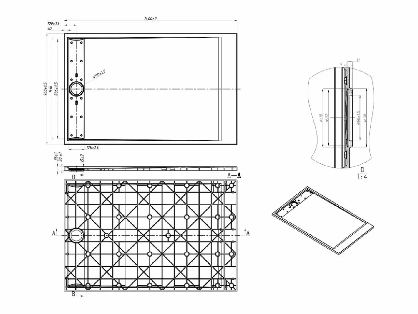 Shower & Design Plato De Ducha|Plato de ducha a ras de suelo recortable en resina SMC - Negro marmolado - 140 x 90 cm - LYROSA