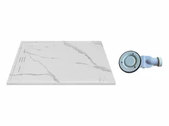 Shower & Design Plato De Ducha|Plato de ducha blanco veteado extraplano de resina SMC, cortable, con sifón, 120x90 cm, LYROSA