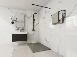 Shower & Design Plato de ducha de resina para colocar en superficie o encastrar, con sifón, color , Ancho 140 x Prof. 90 cm, MIRNOSA Gris Clearance
