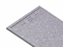 Plato de ducha Efecto Terrazzo extraplano en resina cortable, con desagüe, 140x90 cm, LYROSA^Shower & Design Outlet