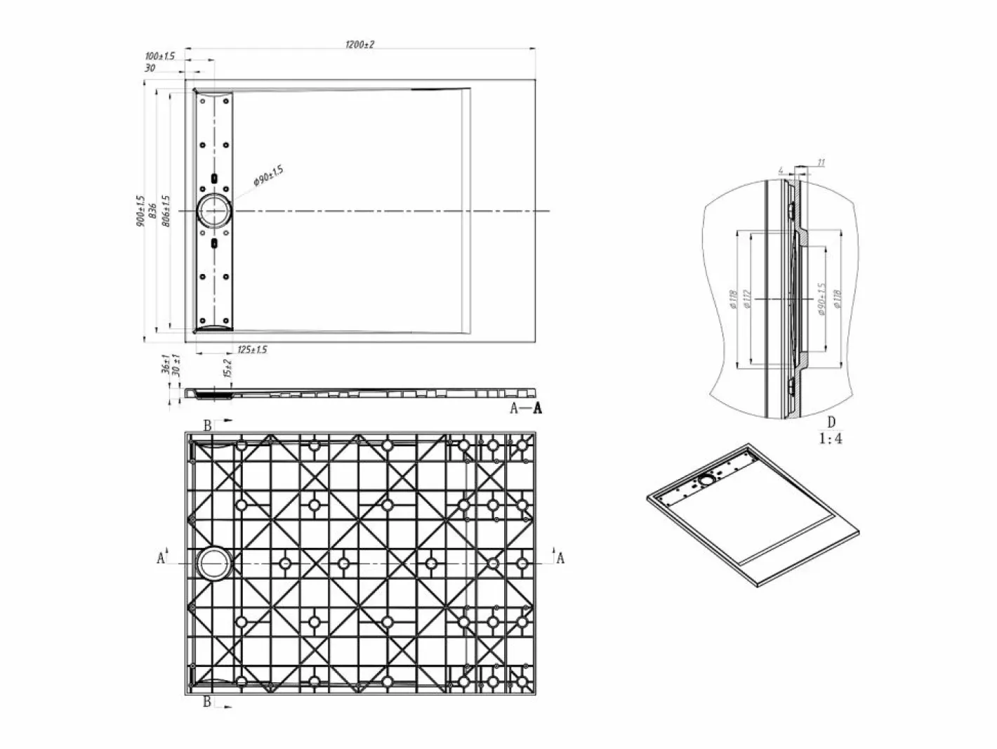 Shower & Design Plato de ducha rectangular de resina - - 120 x 90 cm - LYROSA Negro Clearance