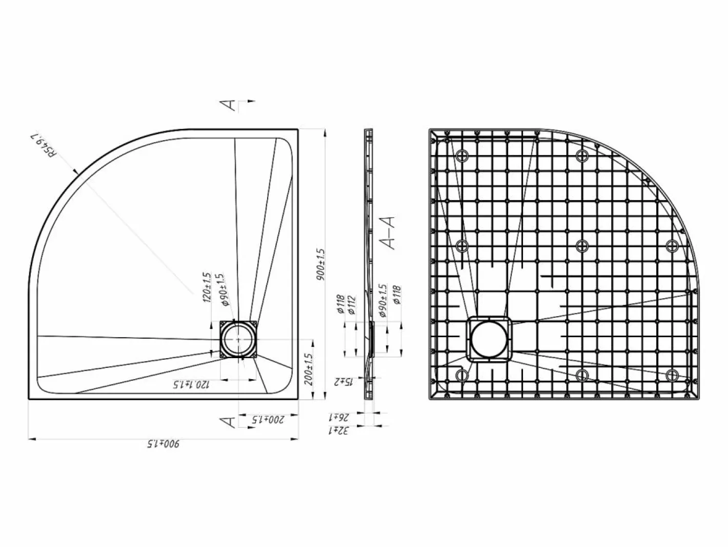 Plato de ducha tipo italiano en resina SMC en cuarto de círculo - - 90 x 90 cm - SYFORSA^Shower & Design New