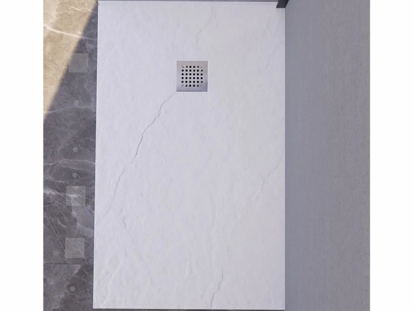 Plato de ducha 70x150 cm resina antideslizante | Carga mineral, textura piedra, | Incluye válvula y rejilla Blanco