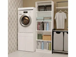 TOPESHOP POLA TWIN 1S - Mueble de baño para lavadora y secadora, mueble con cajón - 64x64x162 cm - Blanco