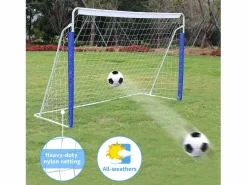 Portería de fútbol plegable portátil con base de metal, red resistente, ideal para entrenamiento en exteriores e interiores, (240 x 150 x 90 cm) Azul Sale