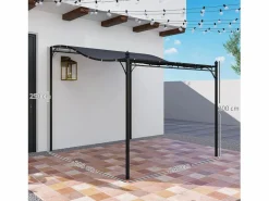 Pérgola adosada con techo impermeable, estructura metálica, color oscuro (248x298x250 cm)^ Hot