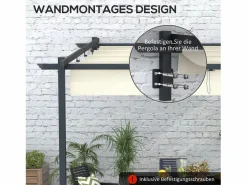 Pérgola|Pérgola adosada con techo retráctil, estructura de aluminio, color crema (297x297x230cm)