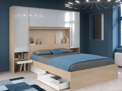 Vente-unique Cabecero Y Puente De Cama|Puente de cama con almacenamiento y LEDs L265 cm color blanco brillante y natural - VELONA