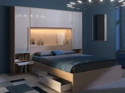 Vente-unique Cabecero Y Puente De Cama|Puente de cama con almacenamiento y LEDs L265 cm color blanco brillante y natural - VELONA
