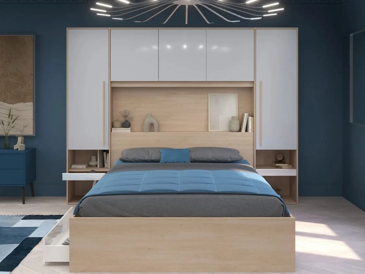 Vente-unique Cabecero Y Puente De Cama|Puente de cama con almacenamiento y LEDs L265 cm color blanco brillante y natural - VELONA