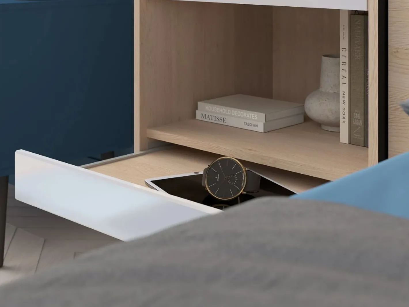 Vente-unique Cabecero Y Puente De Cama|Puente de cama con almacenamiento y LEDs L265 cm color blanco brillante y natural - VELONA