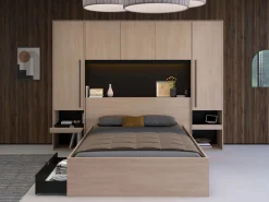 Vente-unique Puente de cama con compartimentos y LEDs L265 cm color natural y negro - VELONA Color natural claro Outlet