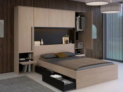 Vente-unique Puente de cama con compartimentos y LEDs L265 cm color natural y negro - VELONA Color natural claro Outlet