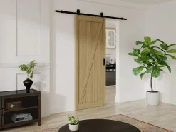 Vente-unique Puerta Corredera|Puerta corredera con riel de madera MDF natural claro rústico - H205 x L63 cm - BALERMA